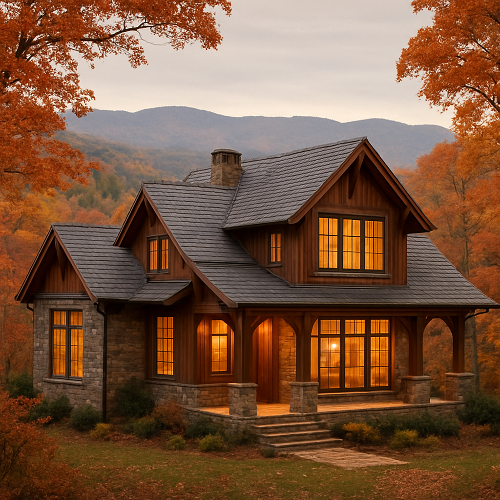Luxury mountain cabin home nestled among autumn trees in the Blue Ridge Mountains